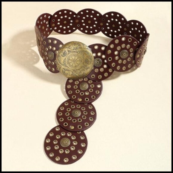Vintage Western Leather Belt Adjustable Wide Disc Hollow Out Chic Retro main image 4